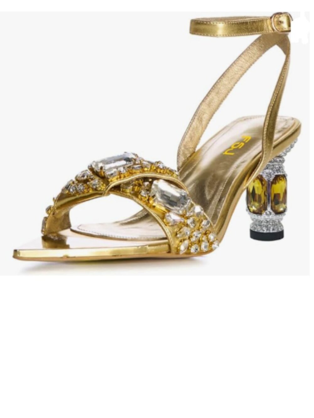FSJ Gold Pointed Open Toe Jewelry Strappy Sandals Ankle Strap Mid Heels Shoes